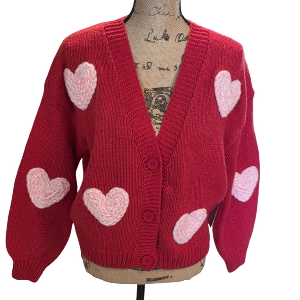 Luna Ivy Red Pink 3D Heart Patterned Chunky Crocheted Women's Sweater Size Small